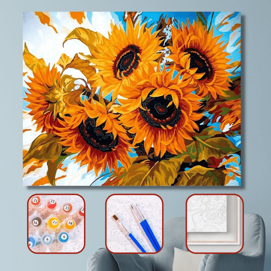 Ayçiçeği Sayılarla Boyama Seti Çerçeveli 40x50
