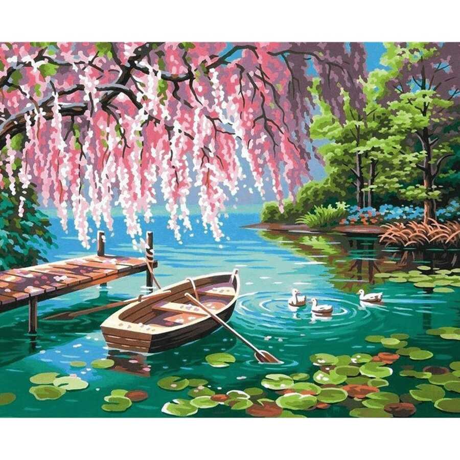 Pembe Söğüt ve Göl Sayılarla Boyama Seti Çerçeveli40x50