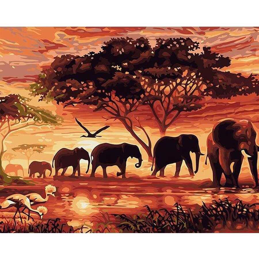 Savan Agacı ve Filler Sayılarla Boyama Seti Çerçeveli 40x50