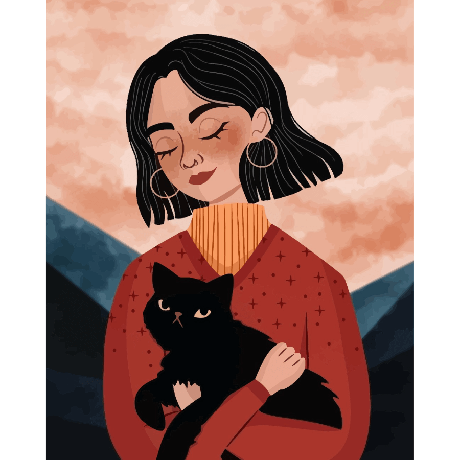 Gizemli Kız ve Kara Kedi Sayılarla Boyama Seti Çerçeveli 40x50
