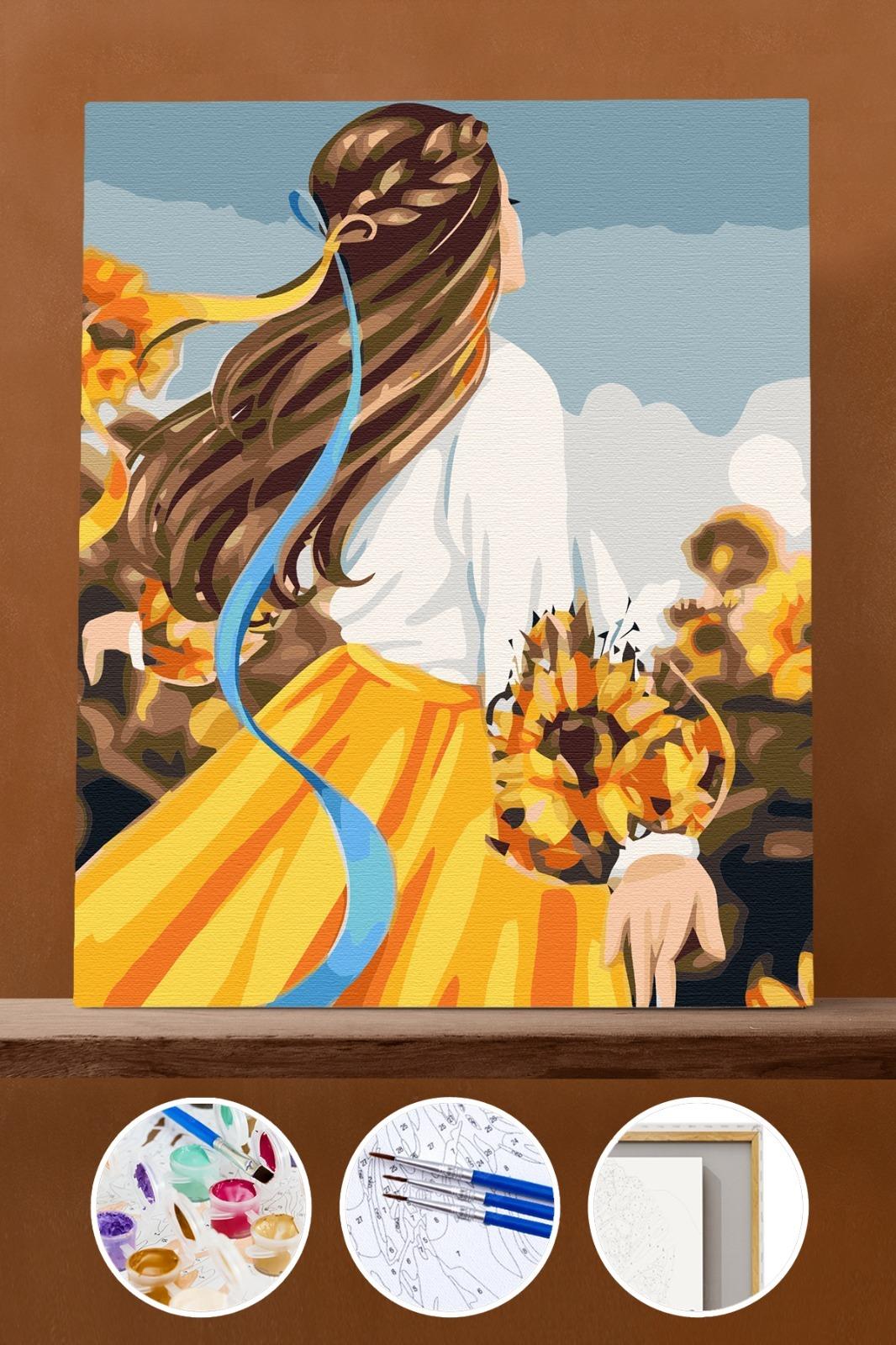 Ayçiçek Tarlasında Kadın Sayılarla Boyama Seti