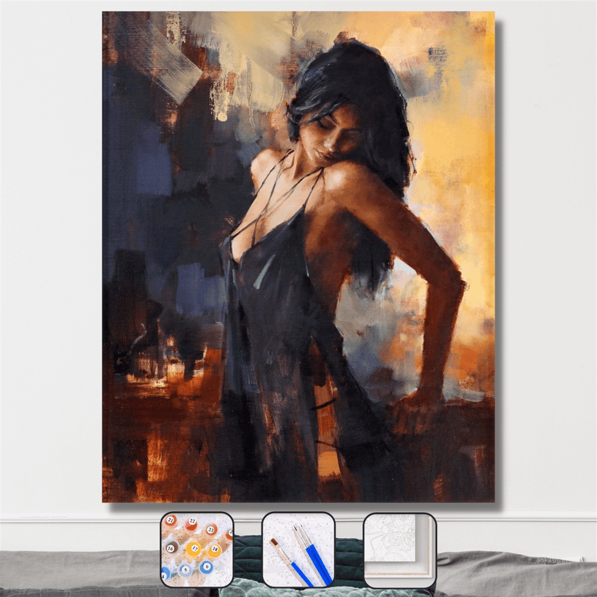 Siyah Elbiseli Tutkulu Kadın Sayılarla Boyama Seti